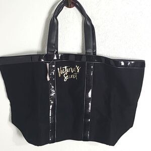 Victoria's Secret Black Tote, Metallic Trim, Logo in Shiny Gold on Front, NWT